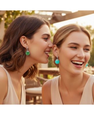 Set of 2 Stabilized Turquoise & Natural Jade Flat Round Circle Disc Dangle Drops Earrings Sterling Silver Lever Back