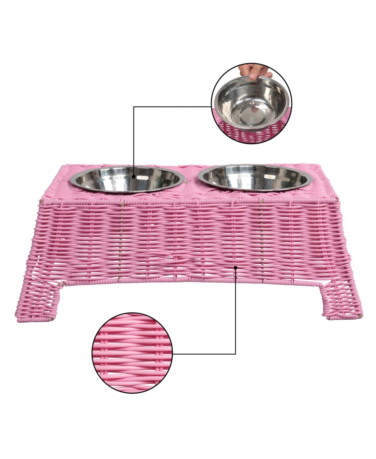 The Licker Store Serenity 6.9" Small/Medium Elevated Wicker Pet Feeder with 18oz (2.2 Cups) 2-Stainless Steel Bowls