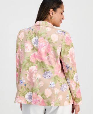 Plus Size Printed Notch-Lapel Satin Blazer
