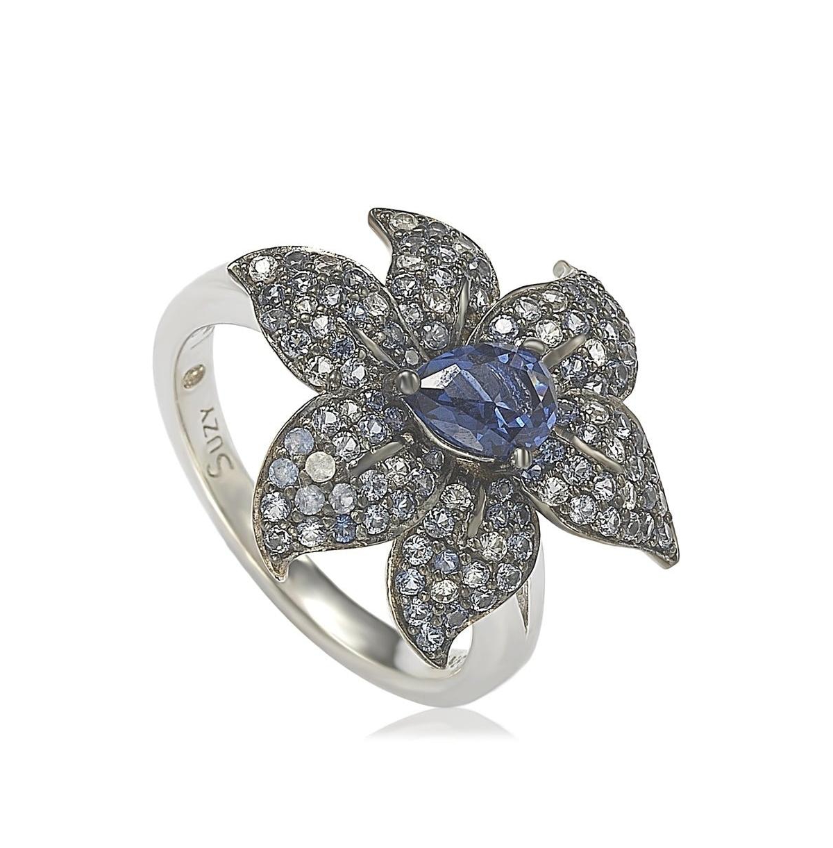 Suzy Levian Sterling Silver Sapphire & Created White Sapphire Exotic Flower Ring