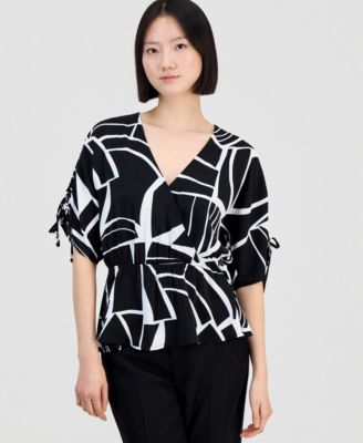 I.N.C. International Concepts - Women's Printed Surplice-Neck Elbow-Sleeve Blouse