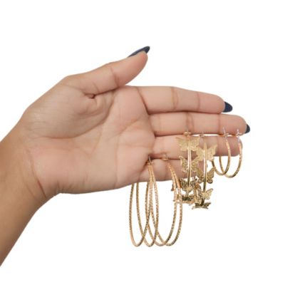 3-Piece Gold-Tone Hoop Earring Set with Butterfly Details