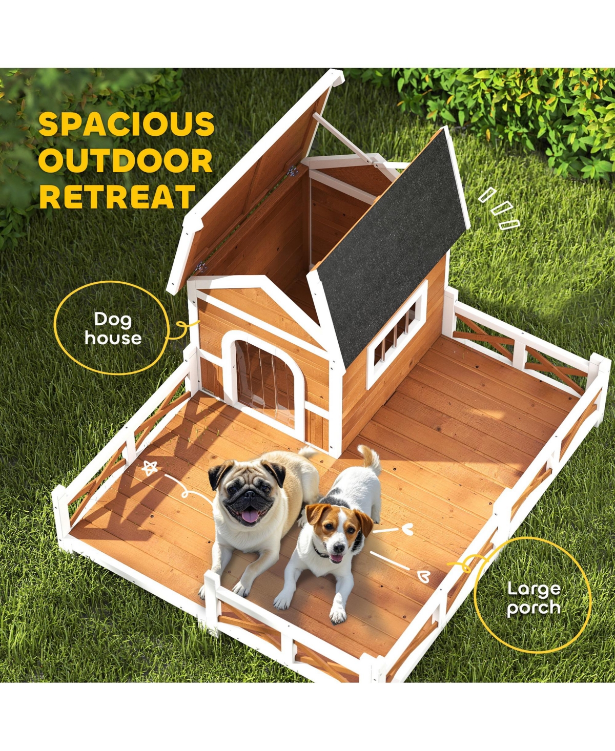 PawHut Outdoor Dog House, Wooden Dog House with Large Porch