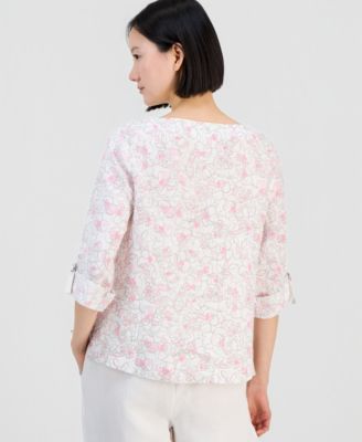 Women's Linen Sketched Floral 3/4-Sleeve Top