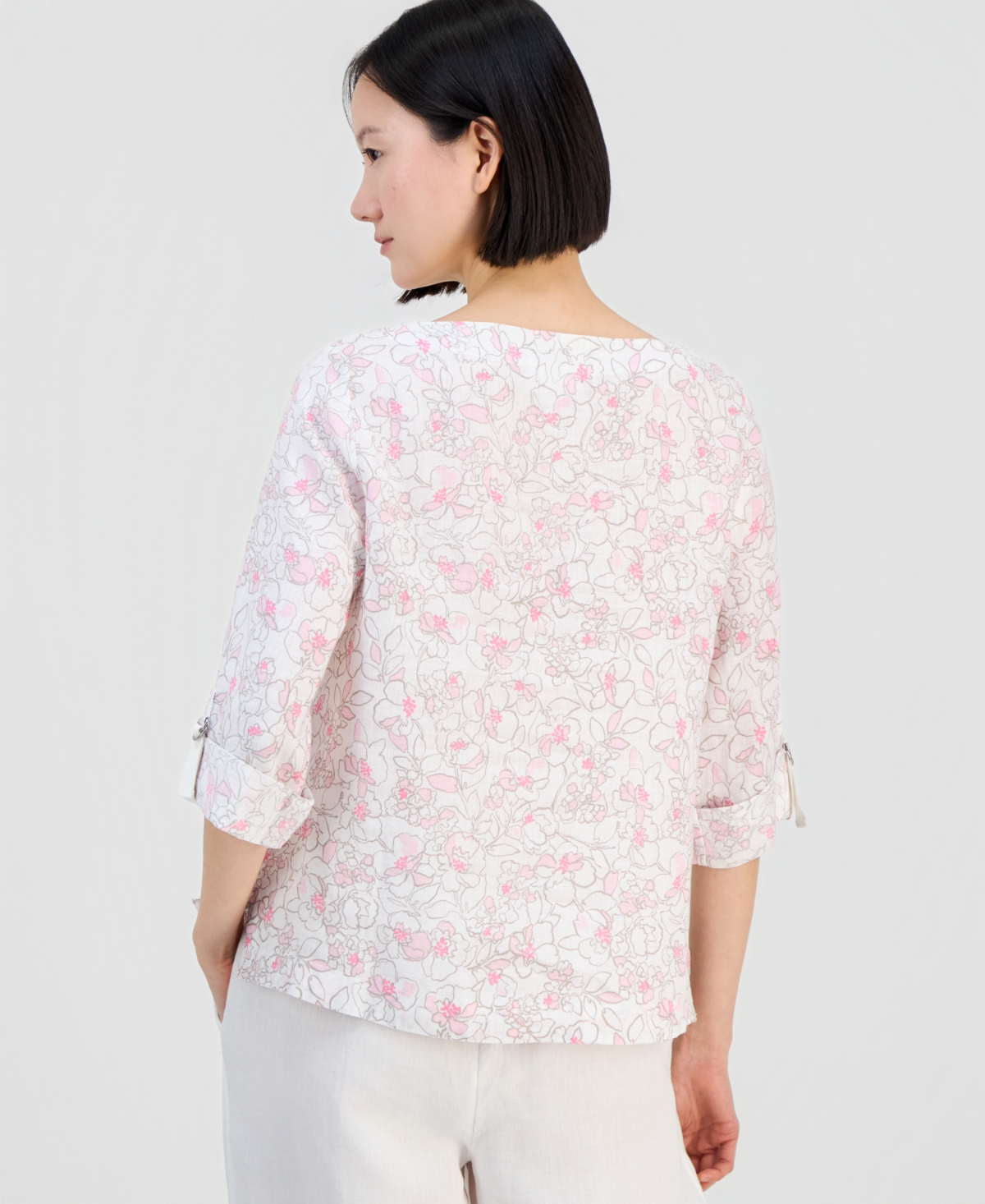 Charter Club Women's Linen Sketched Floral 3/4-Sleeve Top, Macy's Exclusive