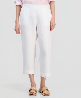 Women's 100% Linen Cropped Scalloped-Hem Wide-Leg Pants, Macy's Exclusive
