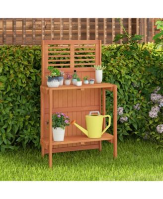 Folding Garden Potting Bench with 2-Tier Storage Shelves and Teak Oil Finish