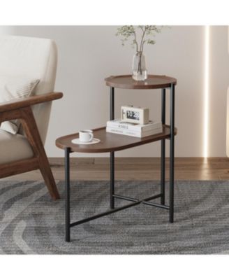 Modern 2-Tier Wood Side Table with Storage Shelf in Walnut Brown