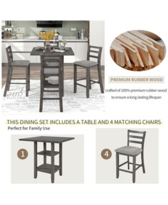TREXM 5-Piece Counter Height Dining Set with Espresso Wood Table Padded Chairs and Storage Shelving