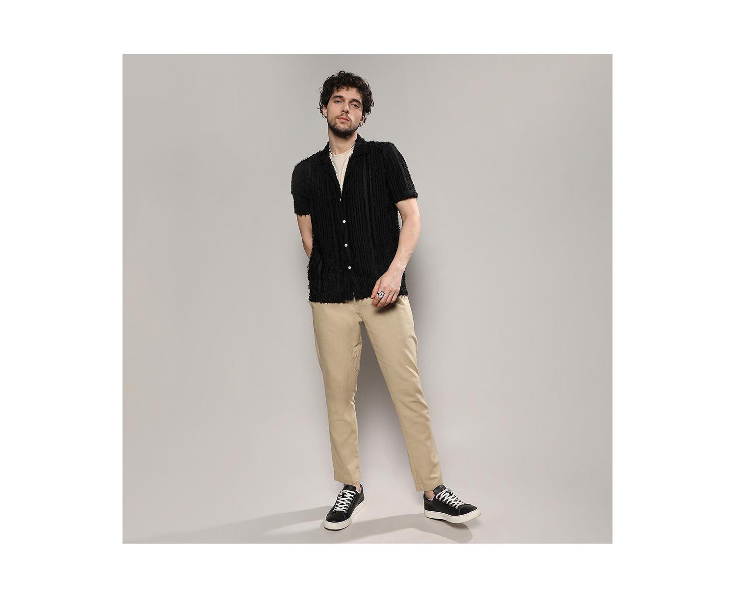 Men's Jet Black Fleece Striped Shirt