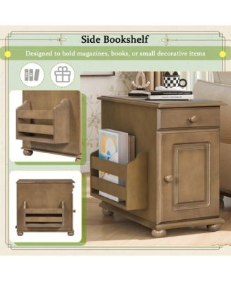 U-Can Vintage Flip Top End Table with USB Ports Multifunctional Drawer and Bookshelf