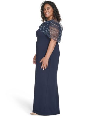 Plus Size Short-Sleeve Spaghetti Strap Beaded Twist Overlay Gown