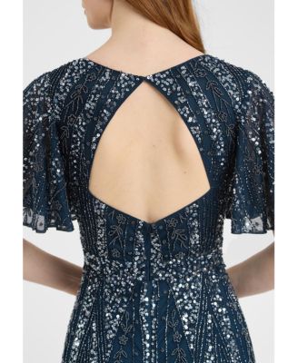 Women's Embellished Sequin Beaded Maxi Dress With Flutter Sleeve