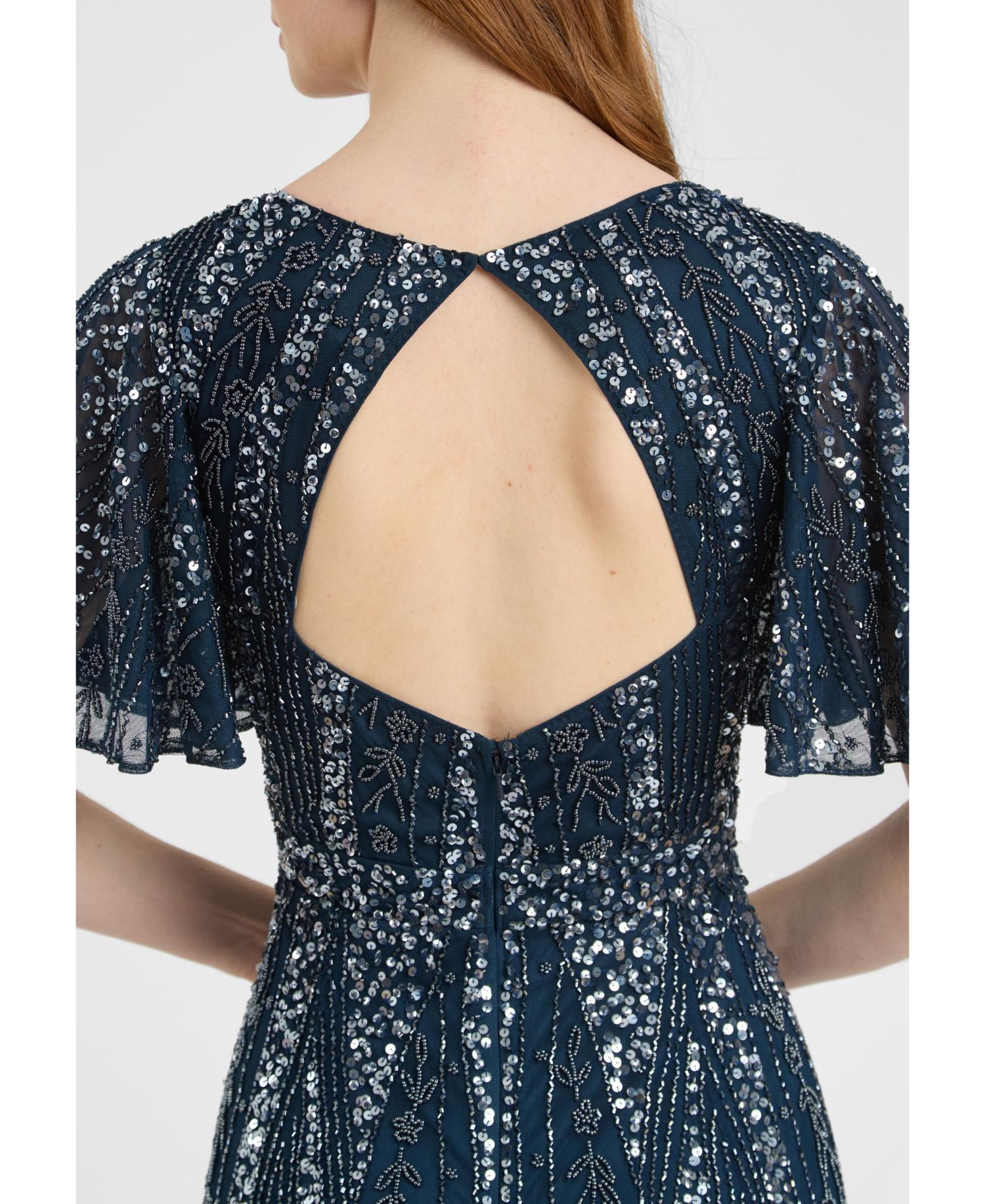 Women's Embellished Sequin Beaded Maxi Dress With Flutter Sleeve
