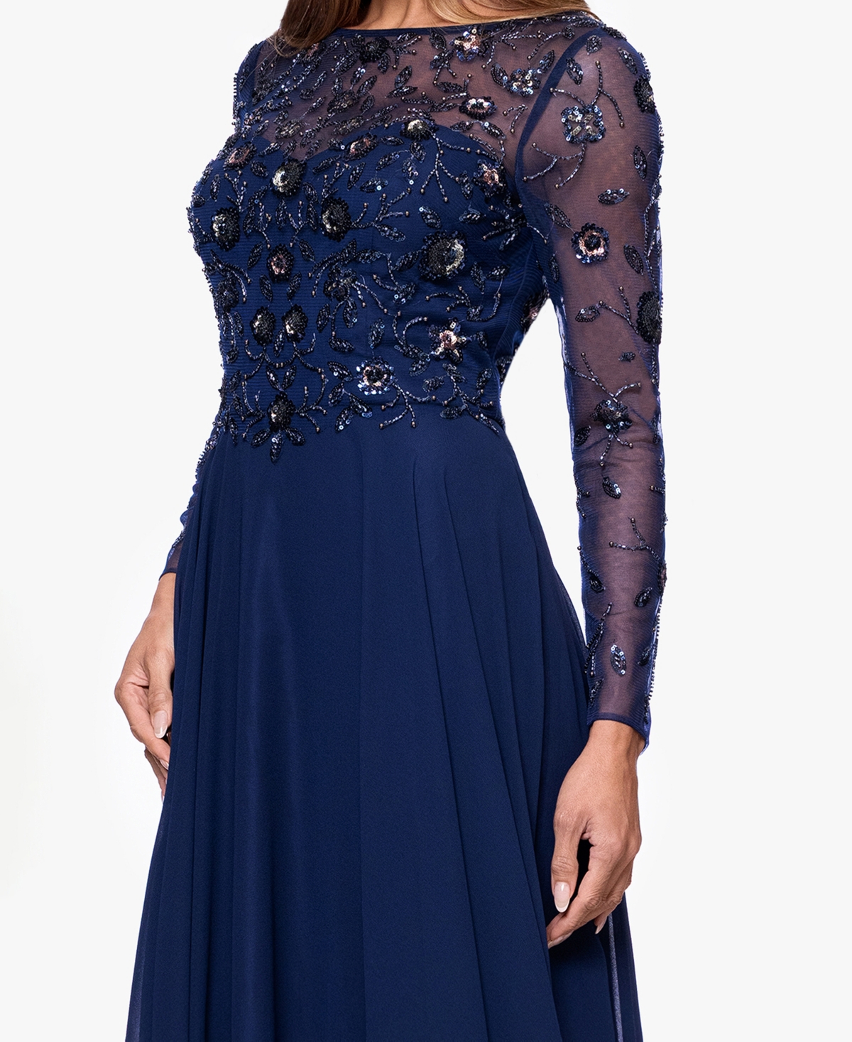 Xscape Women's Long-Sleeve Boat Neck Gown