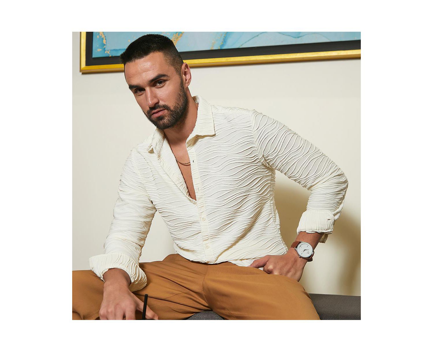 Men's Ivory White Self-Design Wave Shirt