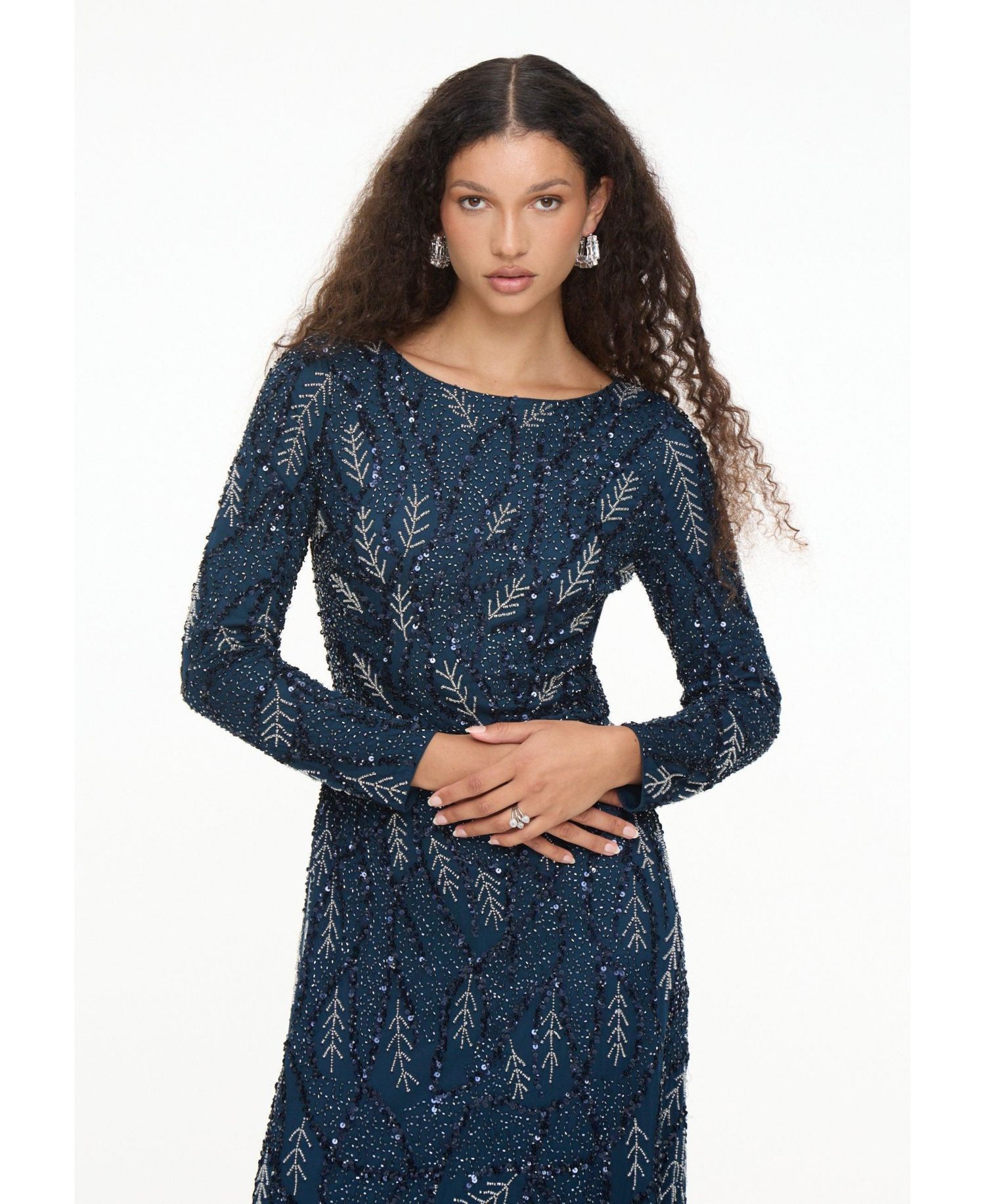 Women's Modest Embellished Sequin Beaded Dress Maxi With Detailed Work