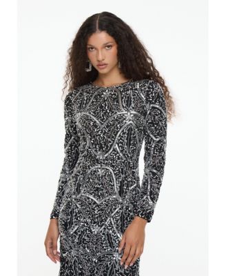 Women's Modest Embellished Sequin Beaded Dress Maxi With Fit Bodice and Trail