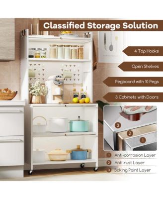 5 Tier Kitchen Bakers Rack Flip Door Cabinets Pegboard & Hooks