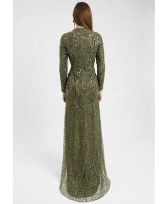 Women's Modest Embellished Sequin Beaded Dress Maxi With Trail