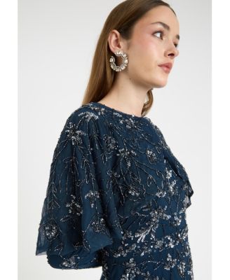 Women's Modest Embellished Sequin Beaded Dress Maxi With Attached Cape