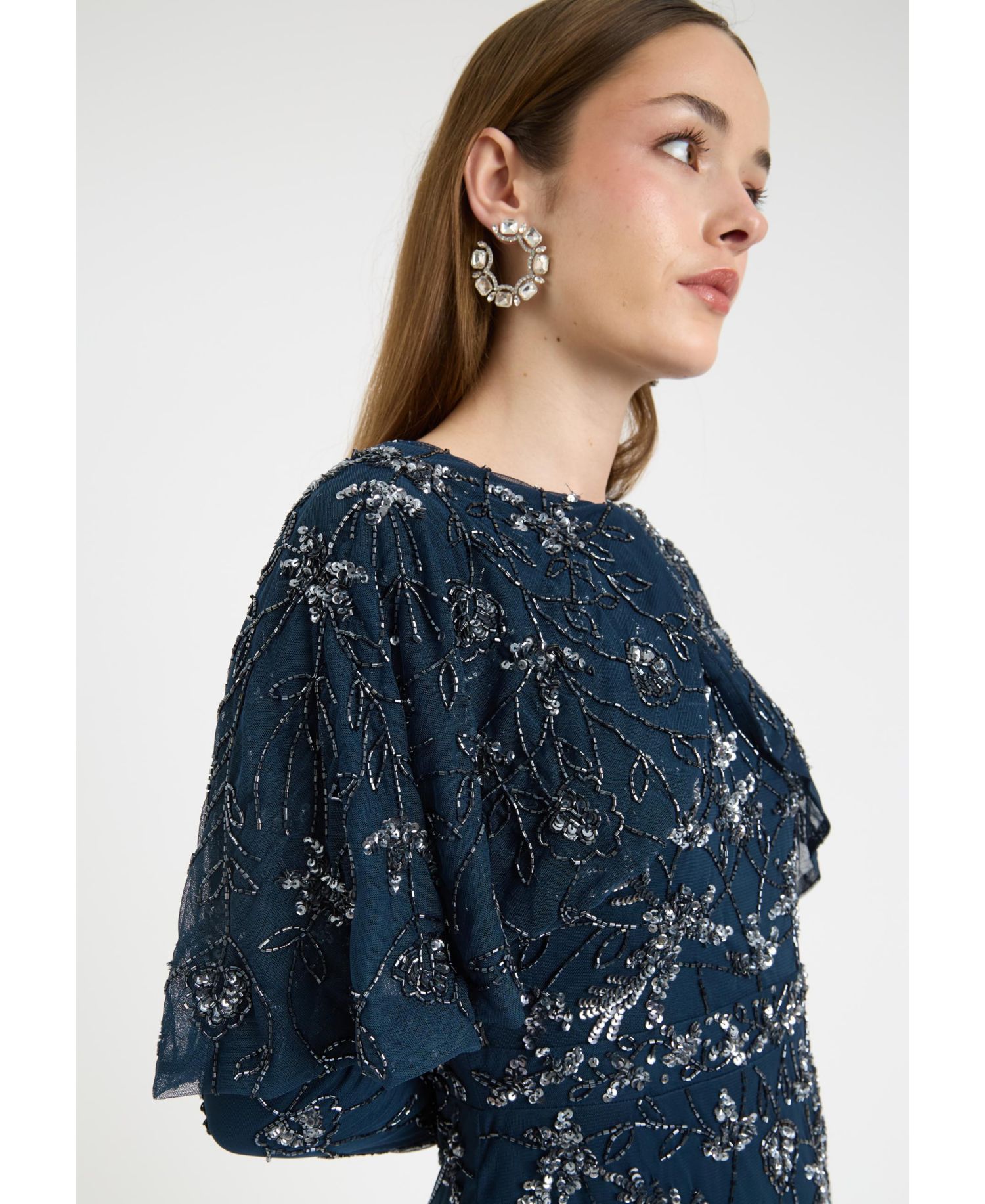 Women's Modest Embellished Sequin Beaded Dress Maxi With Attached Cape