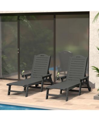 Outdoor HDPE Patio Chaise Lounges With Wheels & Cup Holder (Set of 2)