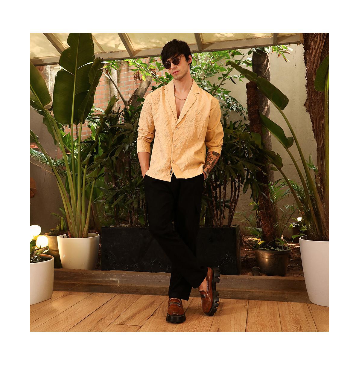 Campus Sutra Men's Buff Beige Quad-Tactile Oversized Shirt.