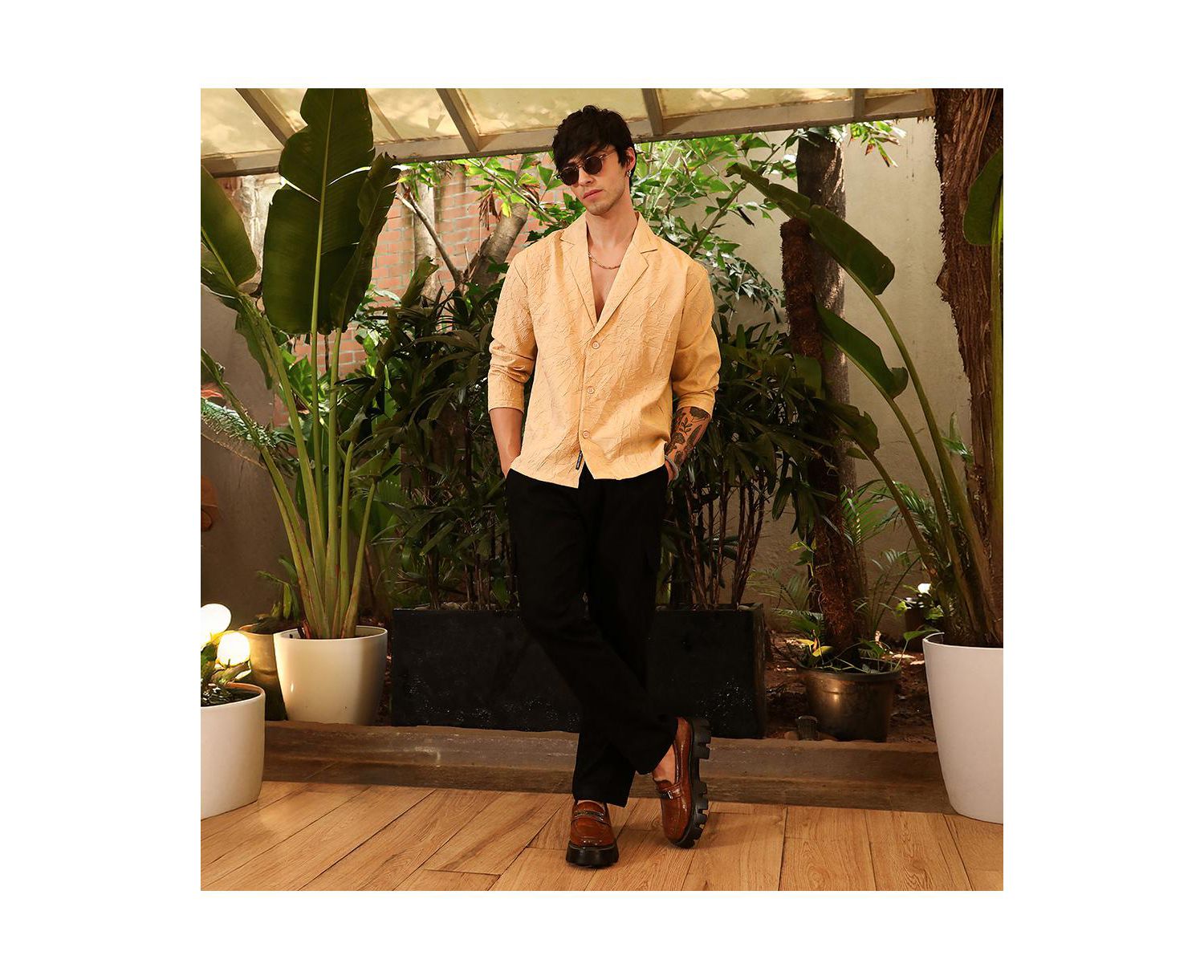 Men's Buff Beige Quad-Tactile Oversized Shirt.