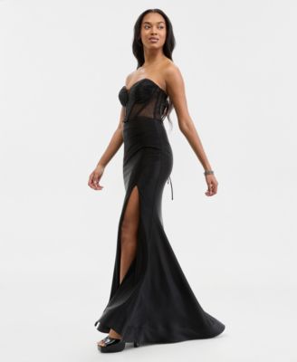 Juniors' Studded Mesh-Bodice Gown 