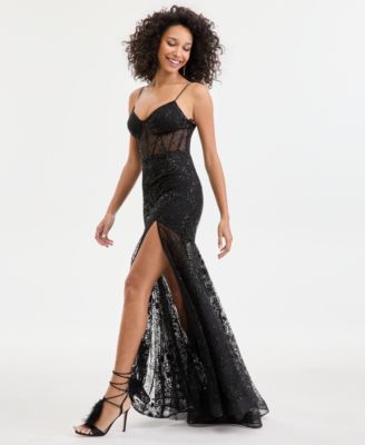 Juniors' Drop-Waist Mesh-Skirt Gown