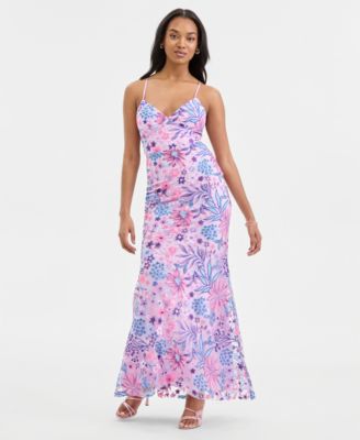 Juniors' Floral-Sequinned Evening Gown