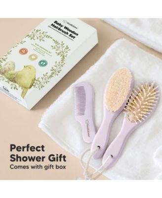 Baby Hair Brush and Comb Set, Oval Wooden Baby Brush Set for Newborns, Infant, Toddler Grooming Kit