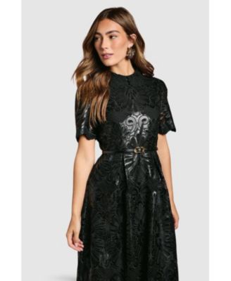 Women's PU Lace Midi Dress With Belt