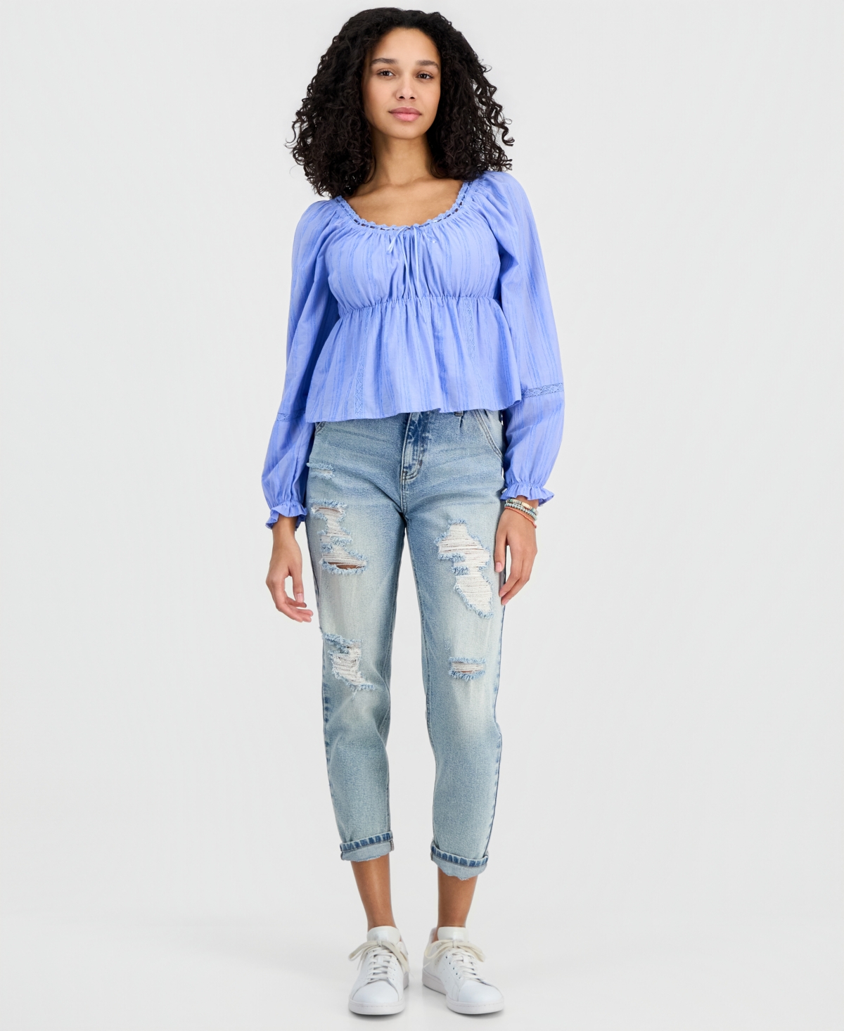 Tinseltown Juniors' Long-Sleeve Woven Peasant Top