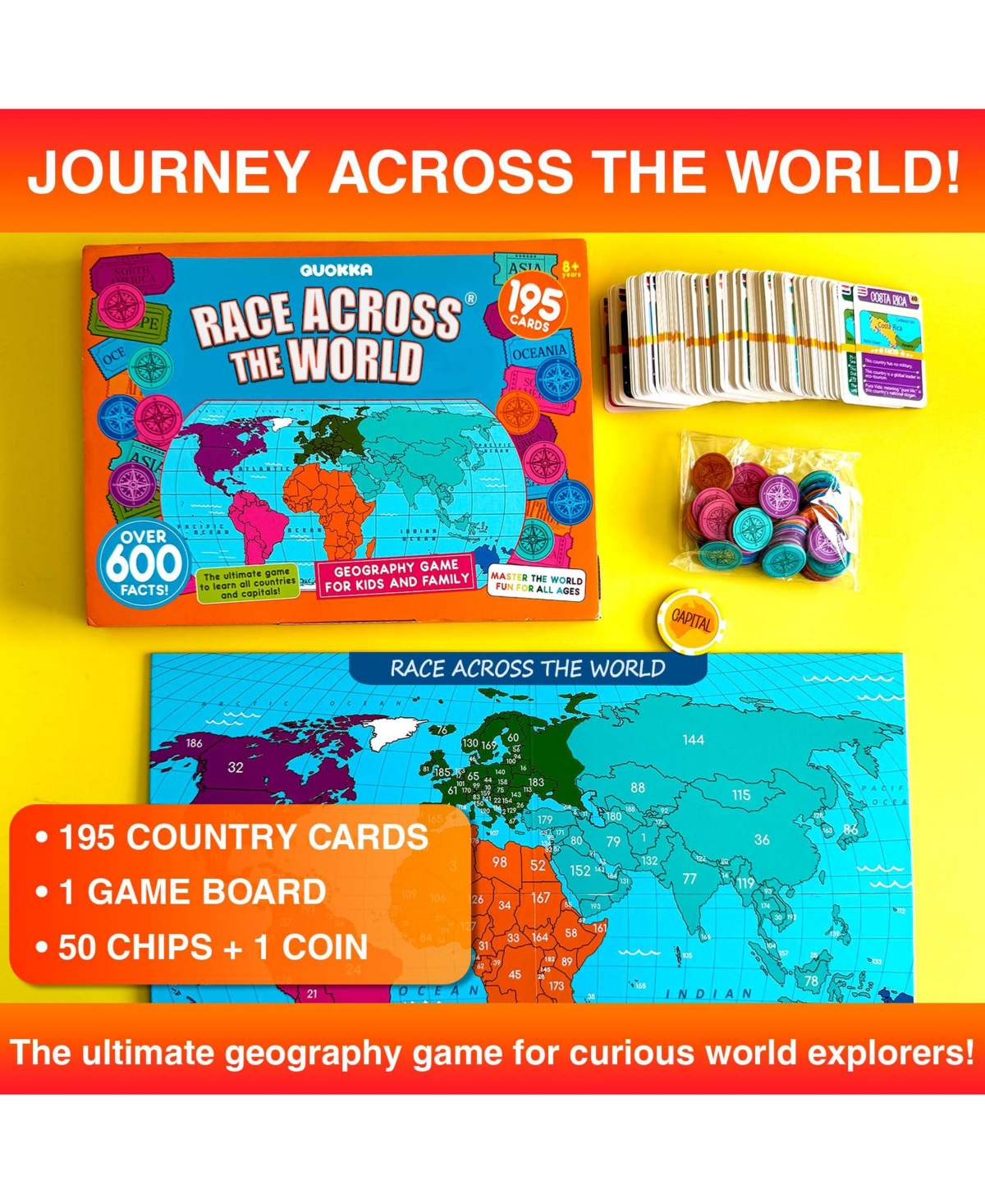Quokka Board Games for Kids and Adults - Journey Across The World - Learn Capitals, Flags, Facts, and Map Locations with 195 World Map Cards