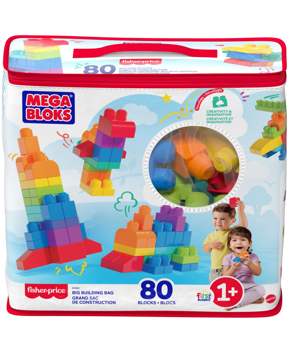 Mega Bloks 80-piece Big Building Bag Blocks for Toddlers 1-3, Blue