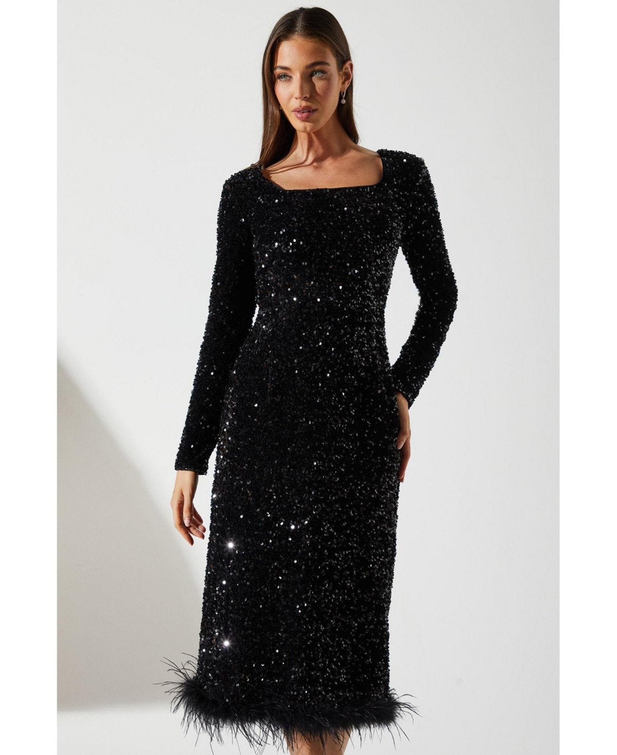 Coast Women's Sequin Feather Hem Party Midi Dress