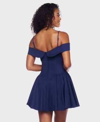 Juniors' Sweetheart Spaghetti-Strap Cold-Shoulder Twill Fit & Flare Dress