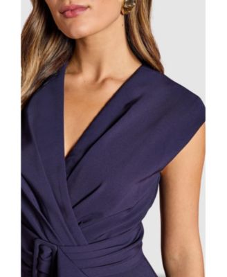 Women's Belted Crepe V-Neck Midi Dress