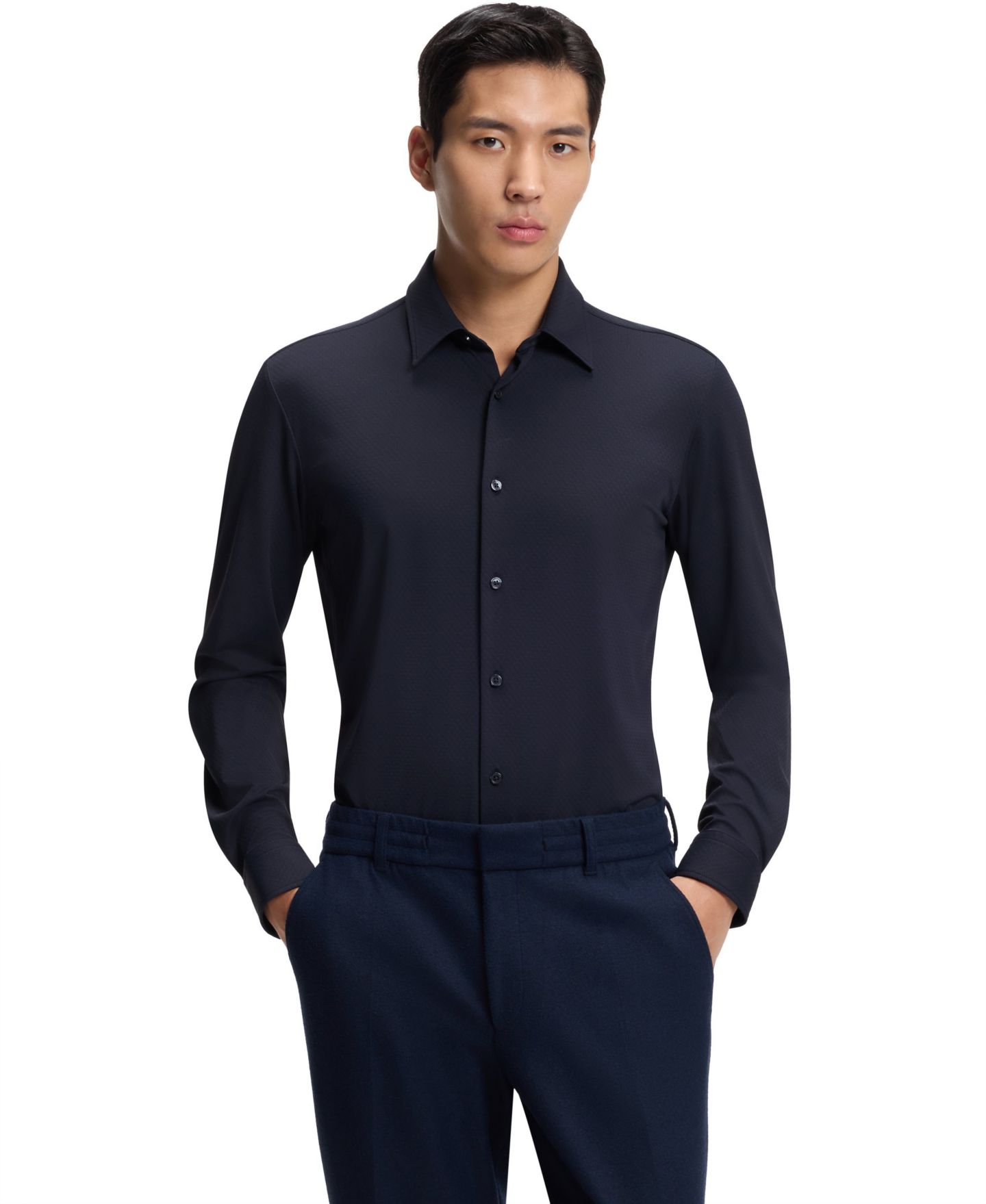 Мужская рубашка Hugo Boss Performance-Stretch Structured Jersey Slim-Fit Dress Shirt, цвет: Тёмный синий — фото 1