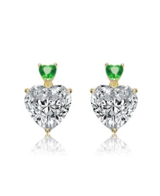 Sterling Silver 14K Gold Plated with Green, Red, or Blue Cubic Zirconia Two-Stone Heart Stud Earrings