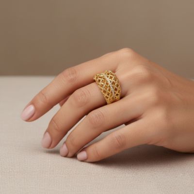 14k Yellow Gold Plated Concave Filigree Wire Dome-Shaped Artistic Adjustable Ring