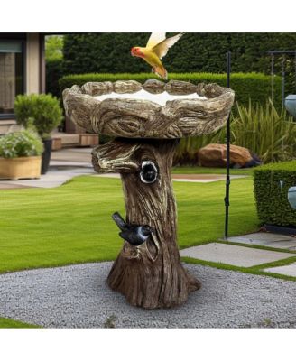 23 Inch High Wood-Look Concrete Bird Bath with Decorative Faux Bird – Birdbath Rustic & Long-Lasting Design, Enhances Garden