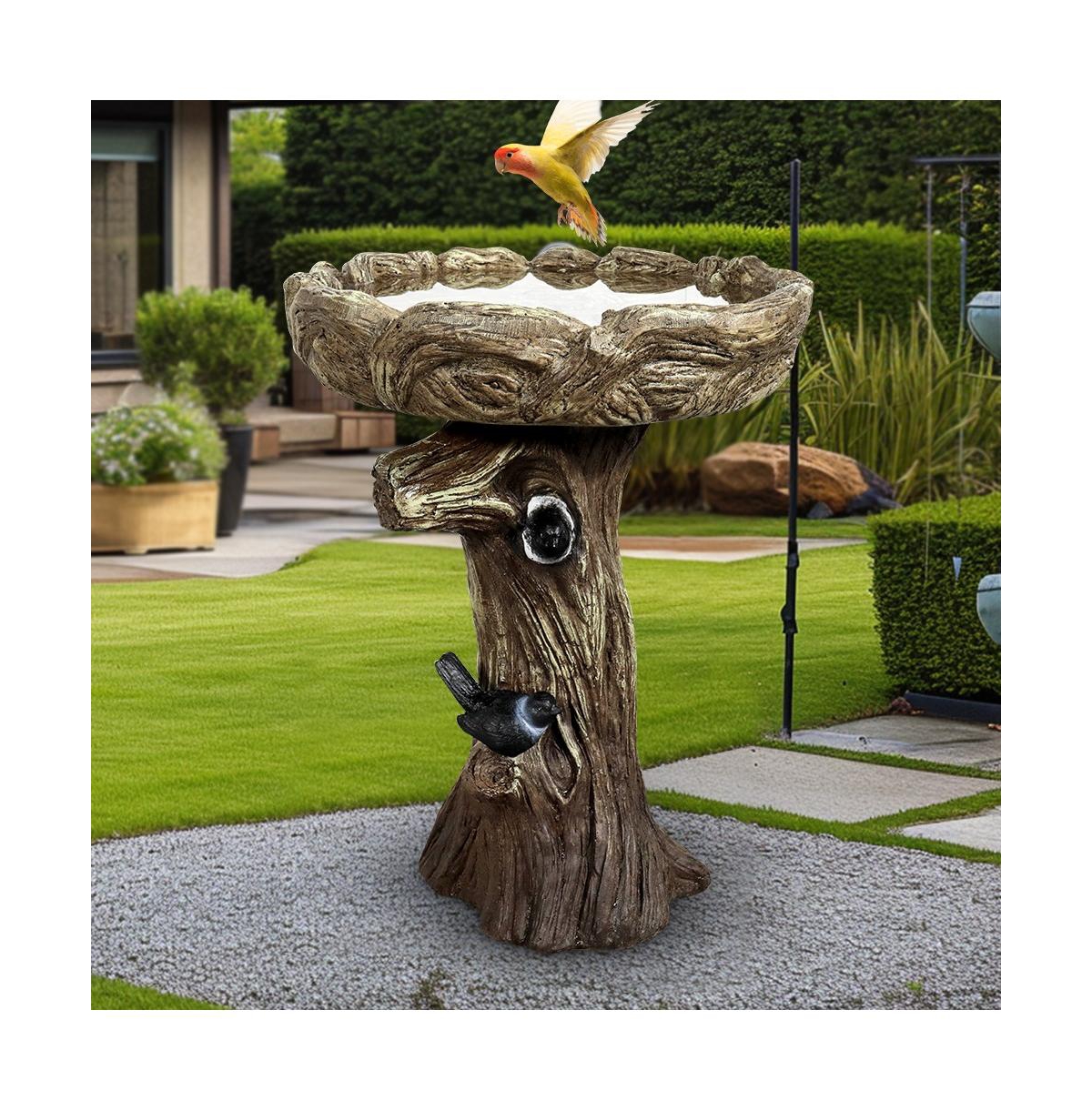 SunJet 23 Inch High Wood-Look Concrete Bird Bath with Decorative Faux Bird – Birdbath Rustic & Long-Lasting Design, Enhances Garden
