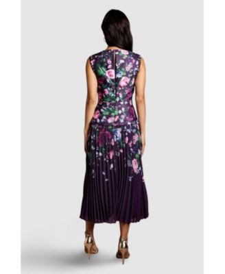 Women's Structured Print Pleated Midi Dress