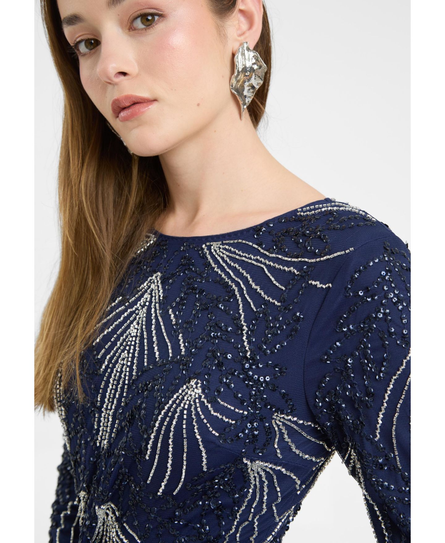 Женское платье Maryisa Modest Embellished Sequin Beaded Dress Maxi With Designer Bottom, цвет: Ночной синий — фото 6