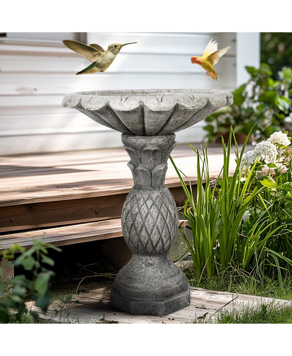 SunJet 24.8 Inch Heigh Concrete Bird Bath with Pineapple Texture – birdbath Sturdy & Elegant Design, Vintage Freestanding Style