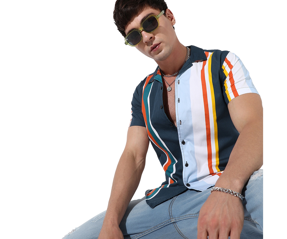 Campus Sutra Men's Striped Button Up Cotton Shirt