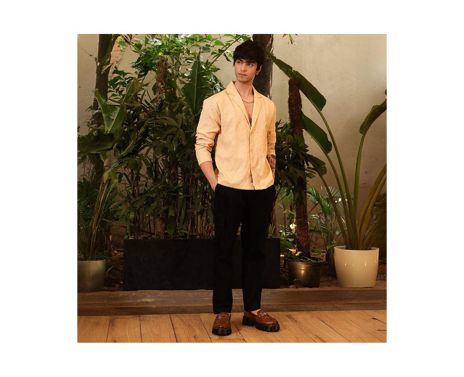 Men's Buff Beige Wrinkled Korean Oversized Shirt